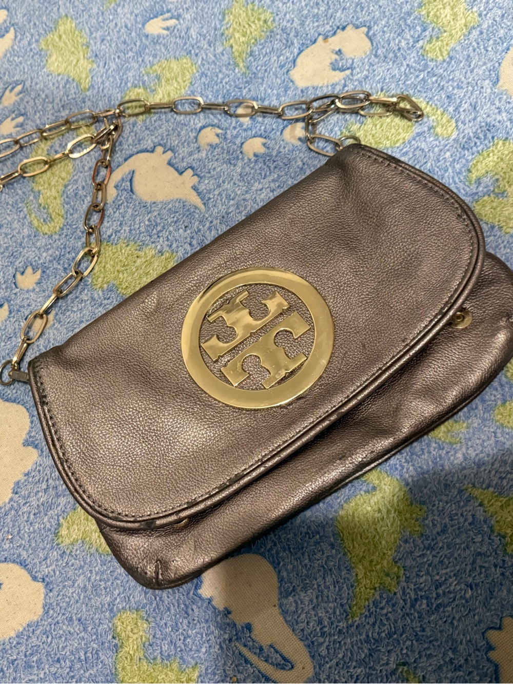 Tory Burch Metallic Pewter Leather Crossbody with Gold Logo